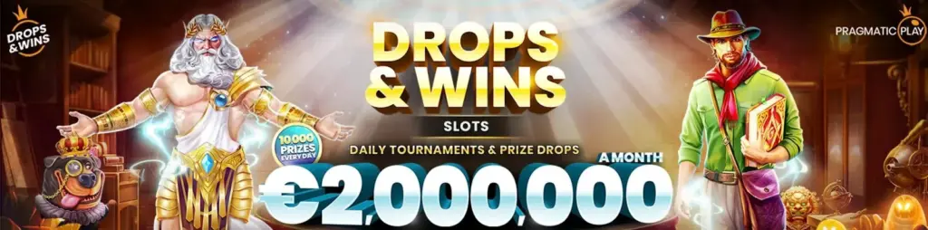 Banner for Drops and Wins Casino featuring vibrant graphics and promotional text for gaming events and prizes.