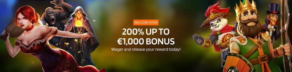 Casino game logo displaying "%200 up to €1000 bonus" prominently.