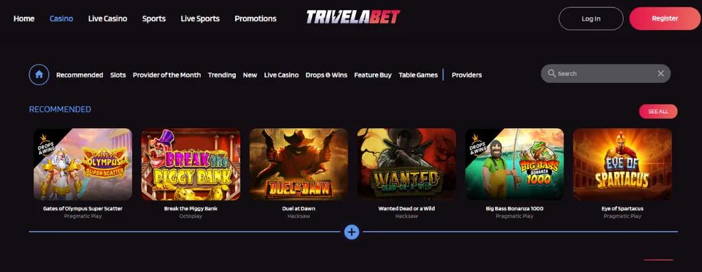 Trivela Bet Casino homepage with games.